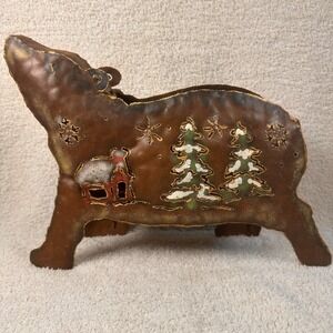 Metal Folkart Christmas Bear Decorative Container Candle Flowers or Card Holder